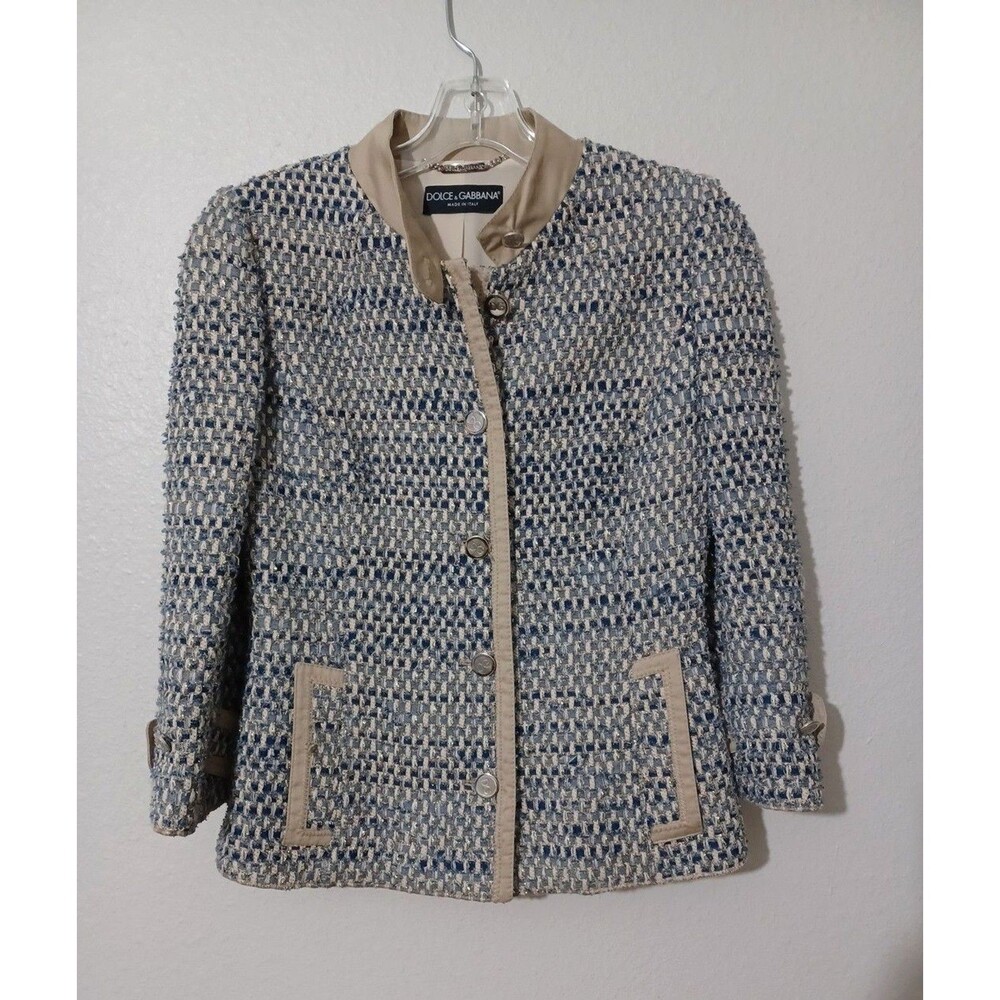 Dolce & Gabanna Blue & Gold Boucle Tweed Blazer Size IT 40 Made In Italy